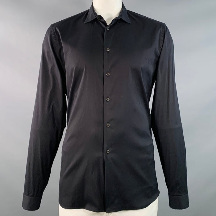 PRADA Size L Black Cotton Blend Curved Cutaway Button Up Long Sleeve Shirt