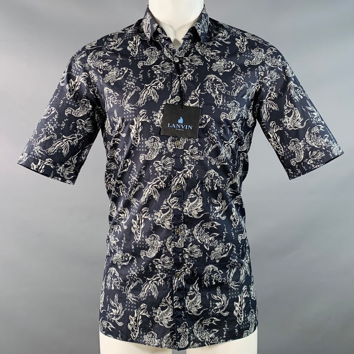 LANVIN Size 39 Navy White Koi Fish Cotton One Pocket Short Sleeve Shirt