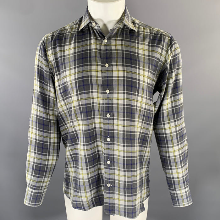 ETRO Size M Grey Blue Green Plaid Pointed Collar Long Sleeve Shirt