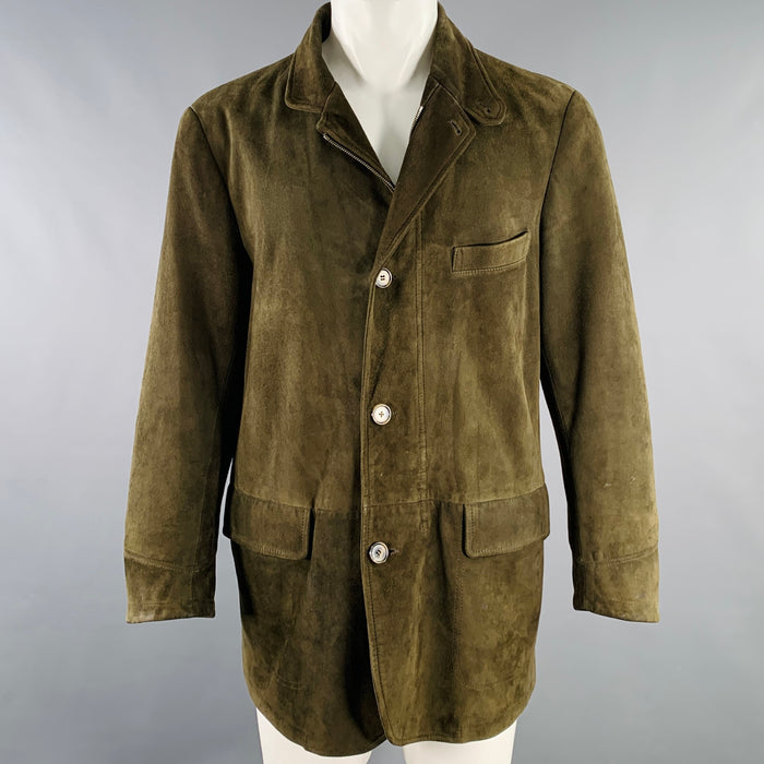 LORO PIANA Size M Green Olive Suede Zip Buttons Coat