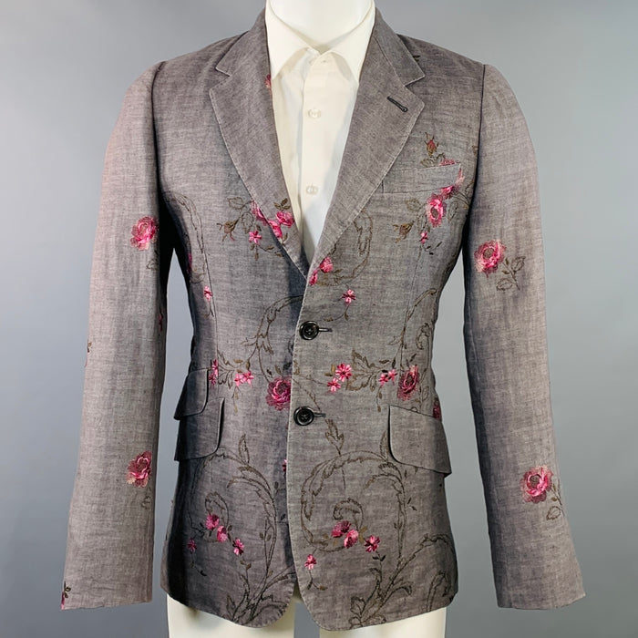PAUL SMITH Size 38 Grey Pink Floral Embroidery Linen Slim Fit Notch Lapel Sport Coat