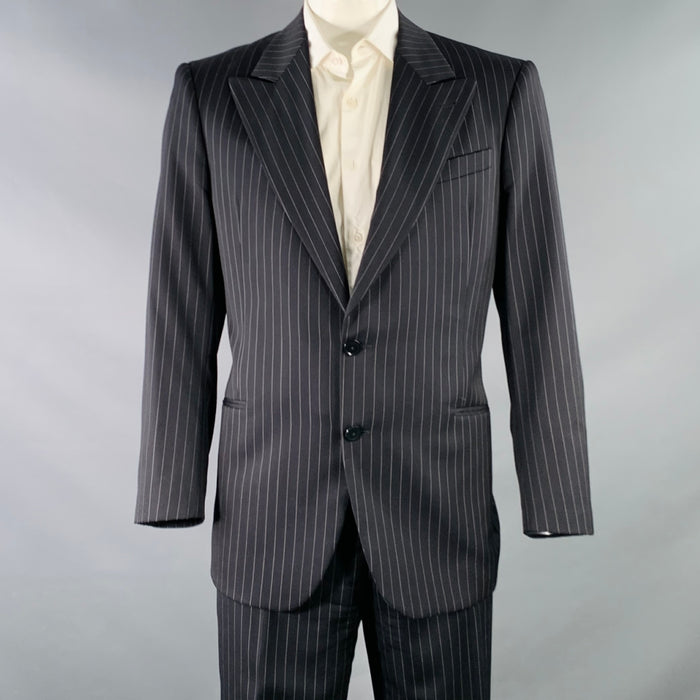 ARMANI COLLEZIONI Size 44 Long Black White Pinstripe Wool Peak Lapel Suit
