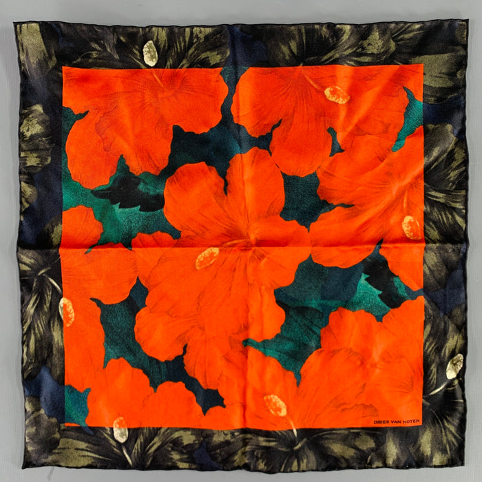 DRIES VAN NOTEN Red Black Tropical Floral Silk Pocket Square