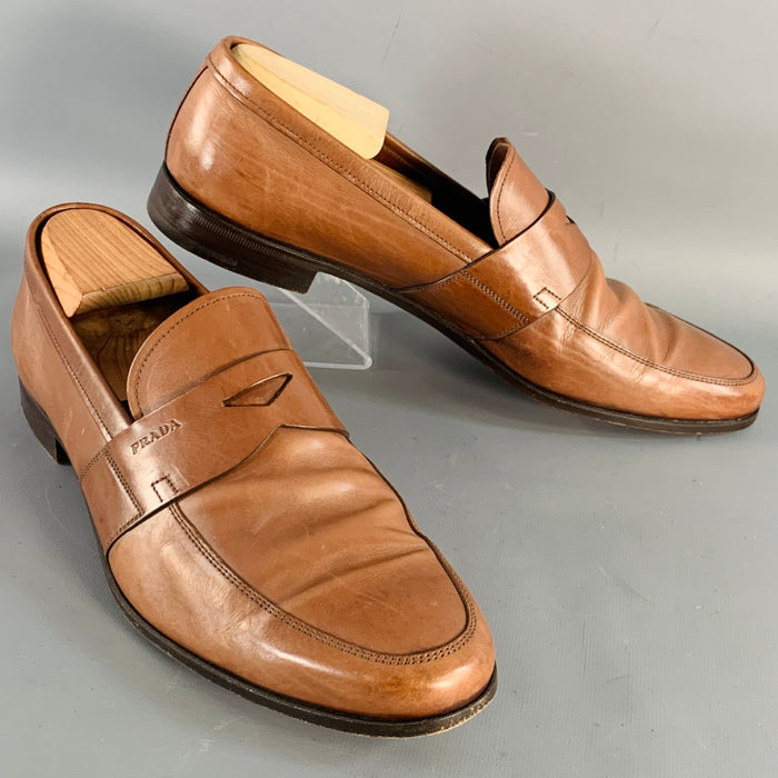 PRADA Size 9.5 Brown Leather Slip On Penny Loafers