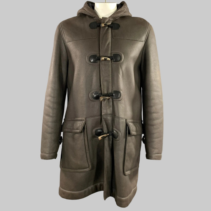 MARC JACOBS Size XXL Brown Black Leather Hooded Coat