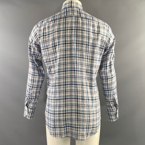 ETRO Size M Blue Pink Plaid Linen Blend Button Up Long Sleeve Shirt