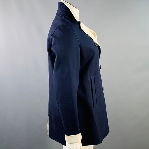 LORO PIANA Size 12 Caleb Navy White Cotton Blend Twill Double Breasted Jacket Blazer