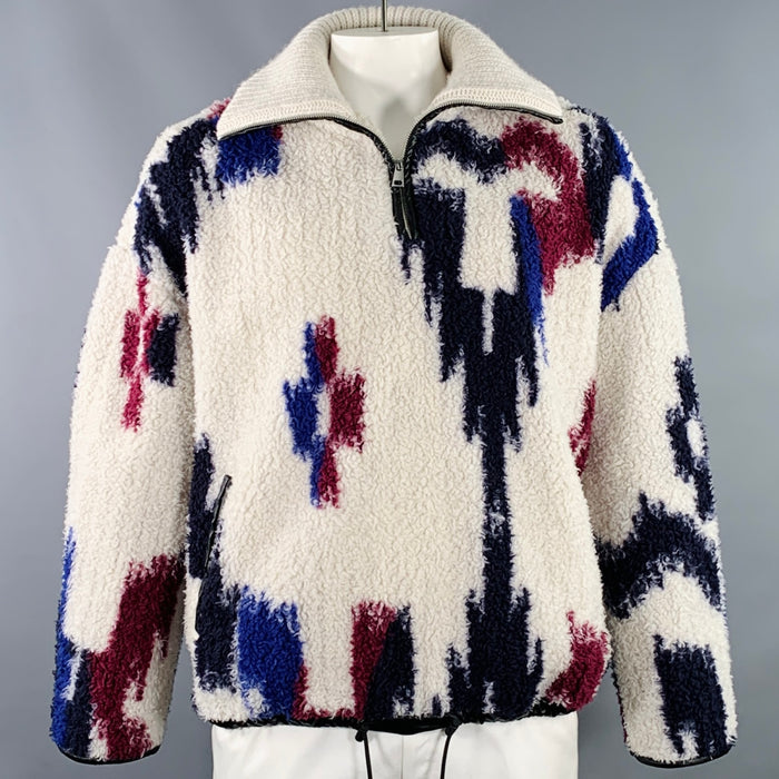 ISABEL MARANT Size L Off White Multi-Color Ikat Fleece Half Zip Sweater