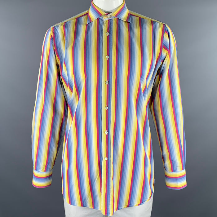 ETRO Size XL Blue Purple Yellow Stripe Cotton Pointed Collar Long Sleeve Shirt
