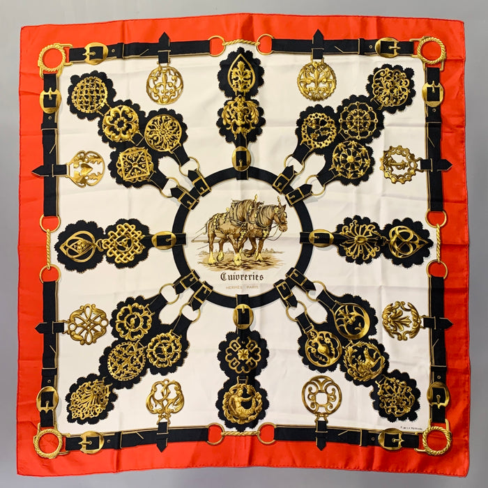 HERMES 1963 Cuivreris Red Gold White Black Horses Silk Twill Scarf