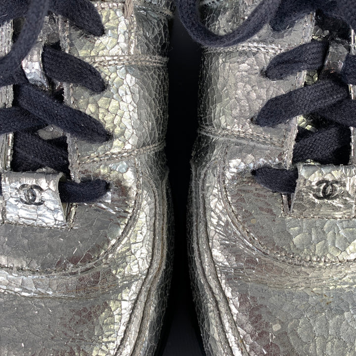 CHANEL Size 11 Metallic Silver Navy Crackled Leather Lace-Up Sneakers