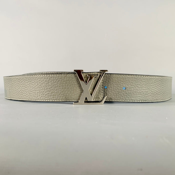 LOUIS VUITTON Size 38 LV Initiales Blue Grey Pebble Grain Leather Reversible Belt