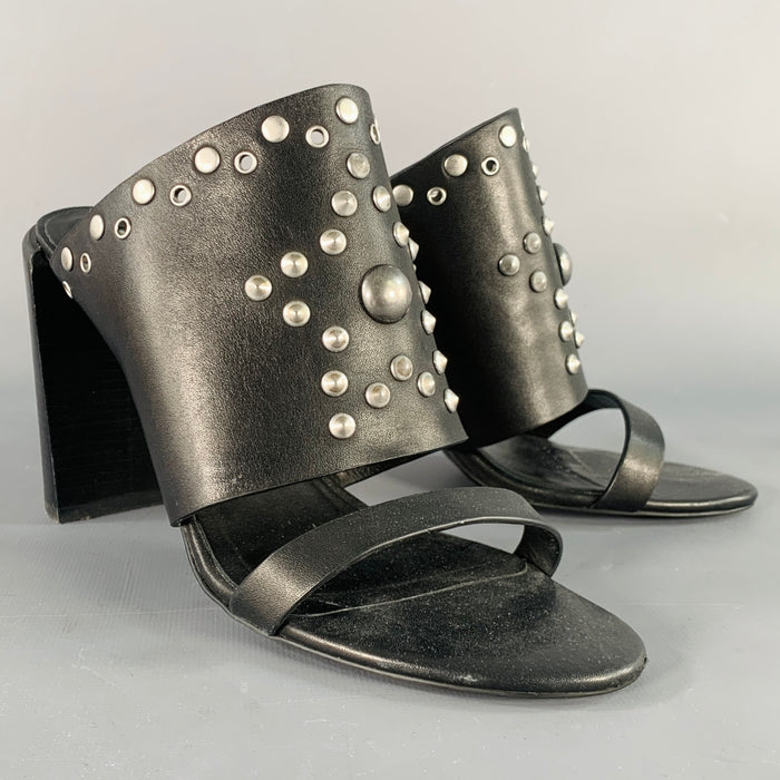 SEE by CHLOE Size 9 Black Silver Leather Studded Chunky Heel Sandals