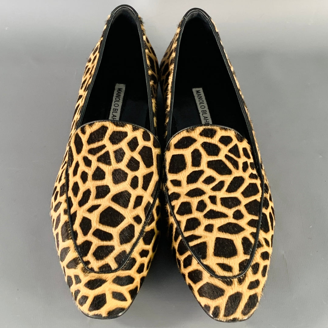 MANOLO BLAHNIK Size 11 Brown Black Pony Hair Giraffe Loafer Flats