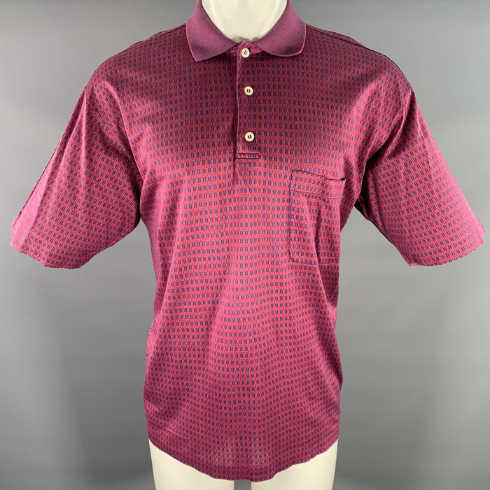 ERMENEGILDO ZEGNA Size L Burgundy Navy Geometric Cotton Buttoned Polo
