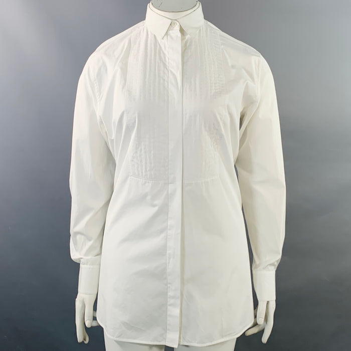 CELINE Size 12 White Cotton Hidden Buttons Formal Shirt