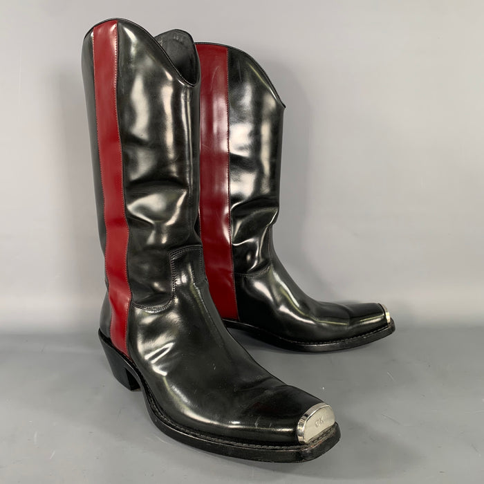 CALVIN KLEIN Size 12.5 Black Burgundy Color Block Patent Leather Boots