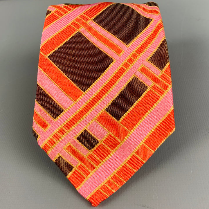NO BRAND Brown Pink Orange Plaid Silk Tie