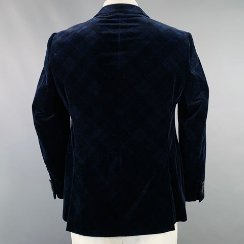 ARMANI COLLEZIONI Size 42 Navy Black Plaid Cotton Velvet Peak Lapel Sport Coat