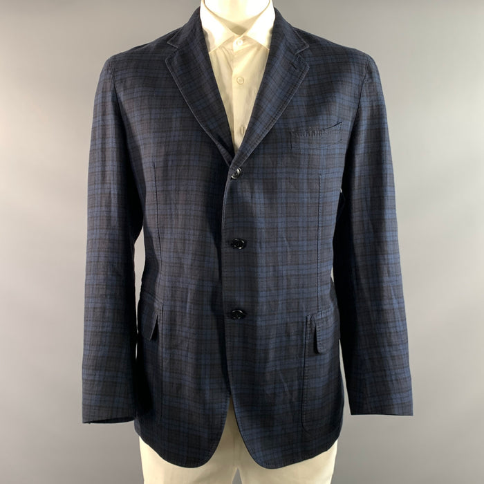 ERMENEGILDO ZEGNA Chest Size 48 Navy Blue Plaid Linen Cotton Wool Sport Coat