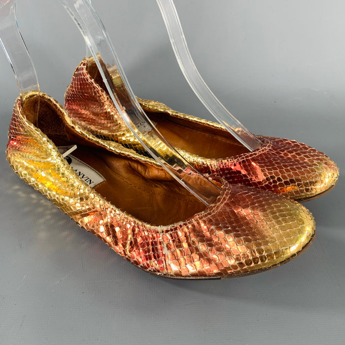 LANVIN Size 6.5 Gold Pink Snake Skin Ballet Flats