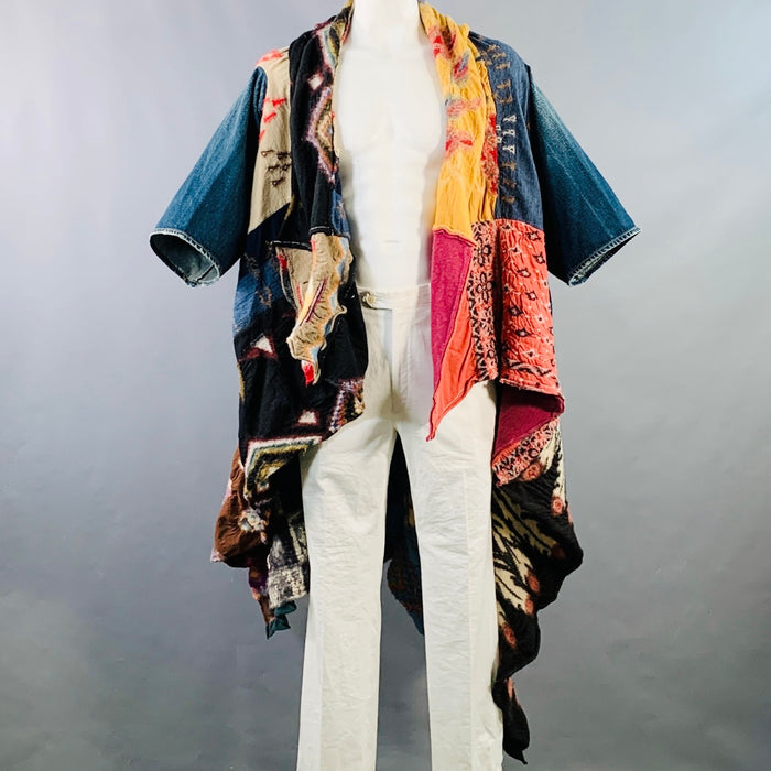 KAPITAL One Size Blue Multi Color Patchwork Cotton Open Front Coat