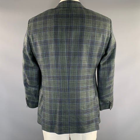 SAMUELSOHN Chest Size 42 Green Blue Plaid Wool Silk & Linen Sport Coat