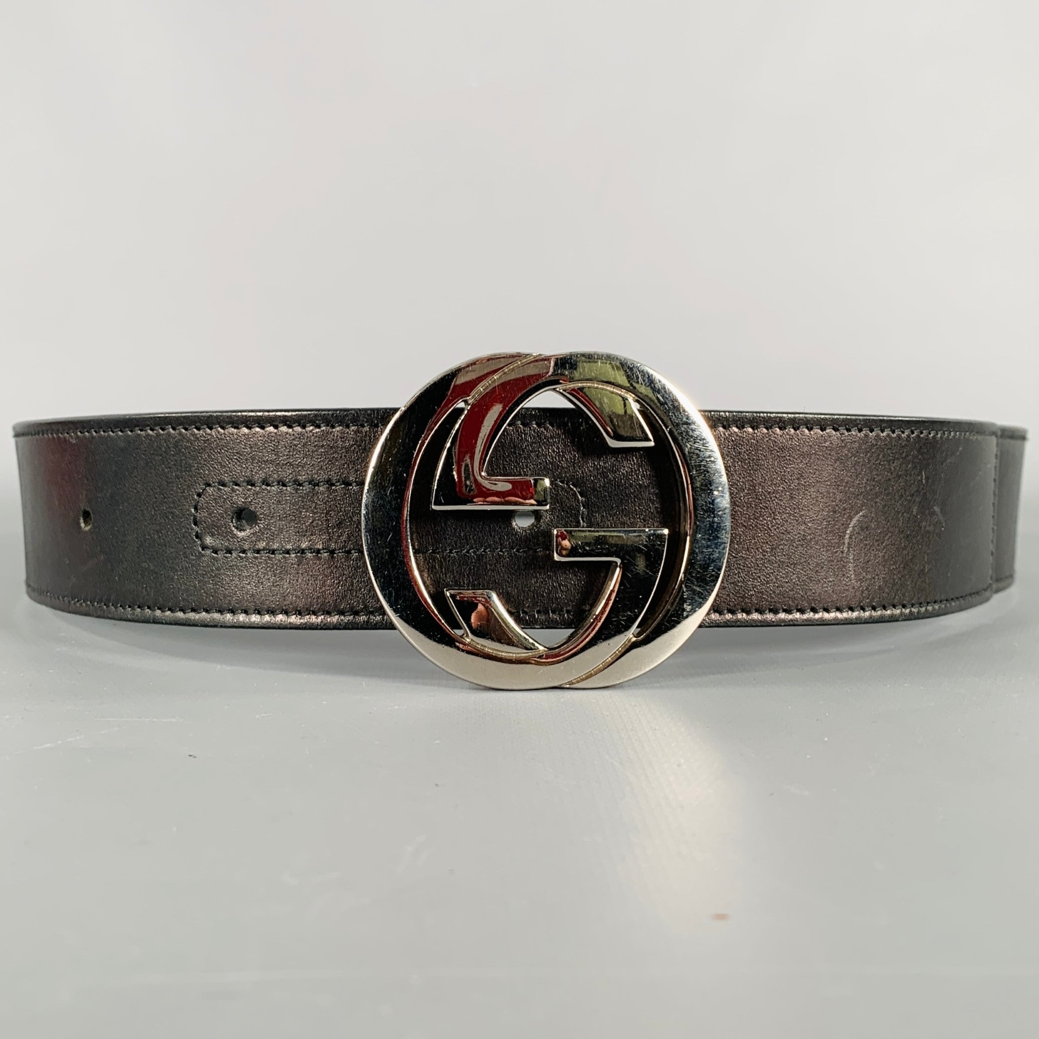 GUCCI Size 30 Black Silver Monogram Leather Metal Belt – Sui