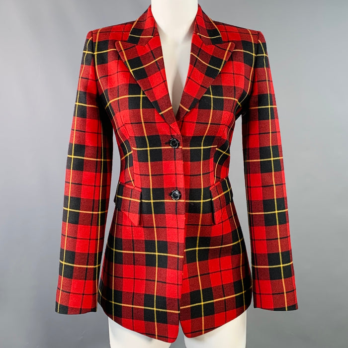 MICHAEL KORS COLLECTION Size 2 Red Black Yellow Wool Plaid Jacket Blazer