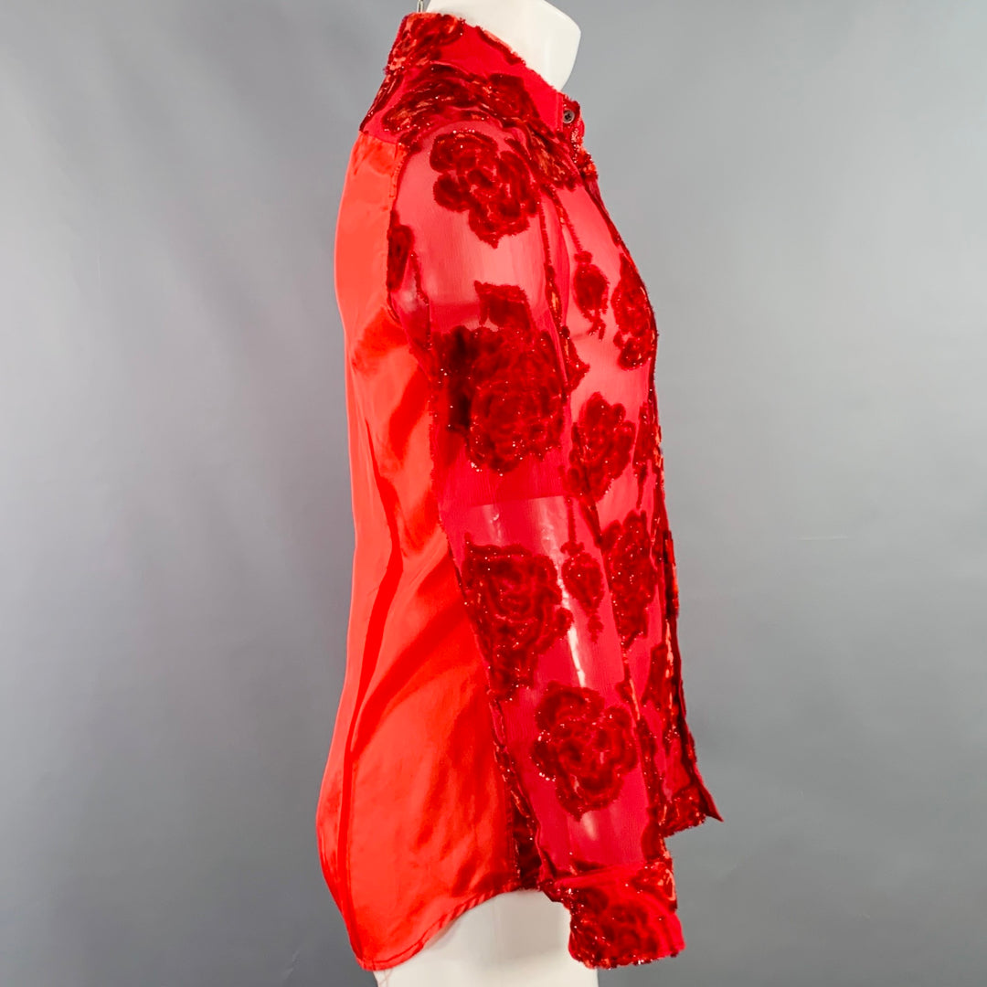 DRIES VAN NOTEN Size 38 Red Floral Viscose Silk Blend Sheer Long Sleeve Shirt