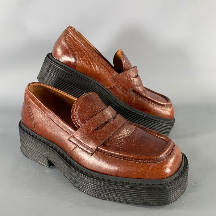MARNI Size 9 Brown Leather Square Toe Flats Chuncky Shoes