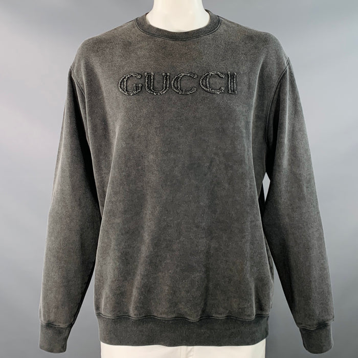 GUCCI Size L Grey Logo Cotton Crew Neck Sweatshirt