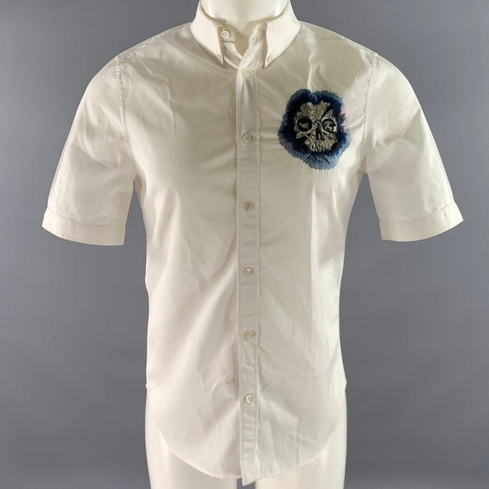 ALEXANDER MCQUEEN Size S White Skull Embroidery Cotton Short Sleeve Shirt