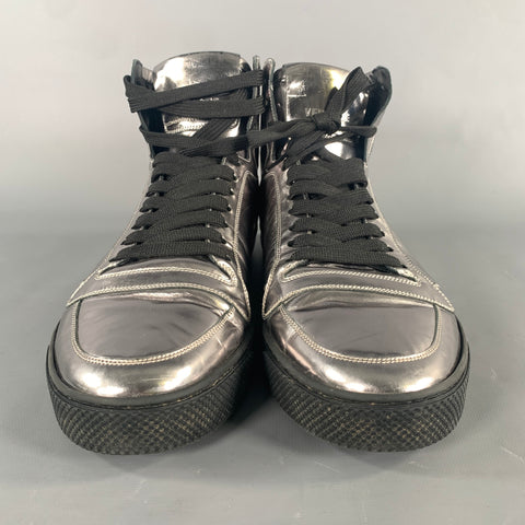 VERSACE Size 8 Silver Black Metallic Leather High Top Sneakers