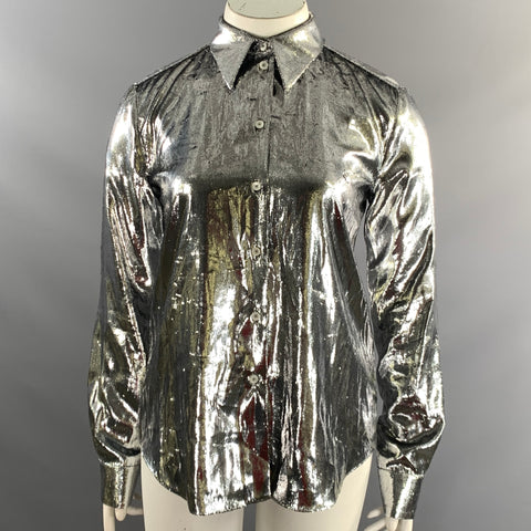 HELMUT LANG Size L Silver Polyester Silk Velvet Button Up Shirt