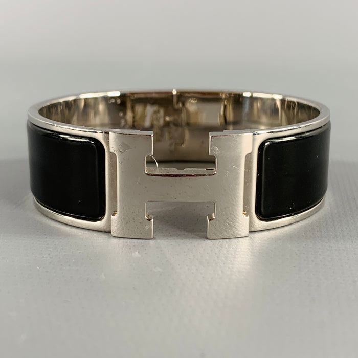 HERMES Clic Clac H Silver Black Monogram Enamel Metal Toggle Closure Bracelet