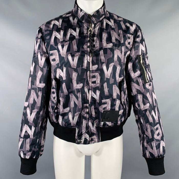 LANVIN Size 40 Grey Black Print Polyamide Blend Bomber Jacket