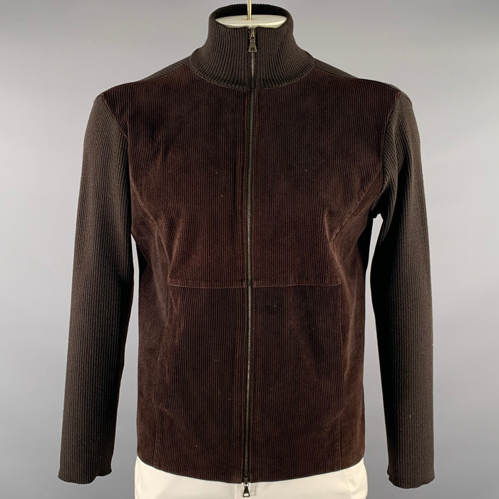 JIL SANDER Size M Brown Leather Wool Zip Up Sweater