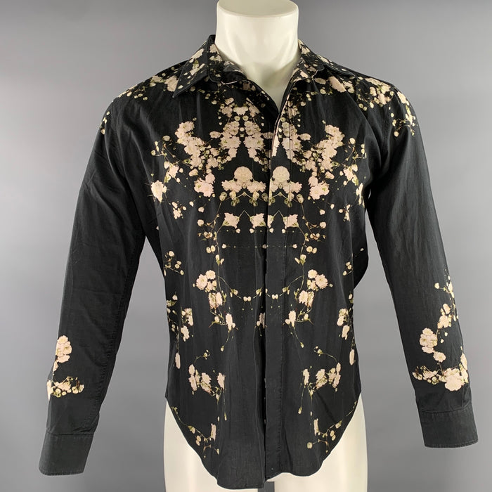 GIVENCHY Size S Black Rose Green Floral Cotton Long Sleeve Shirt