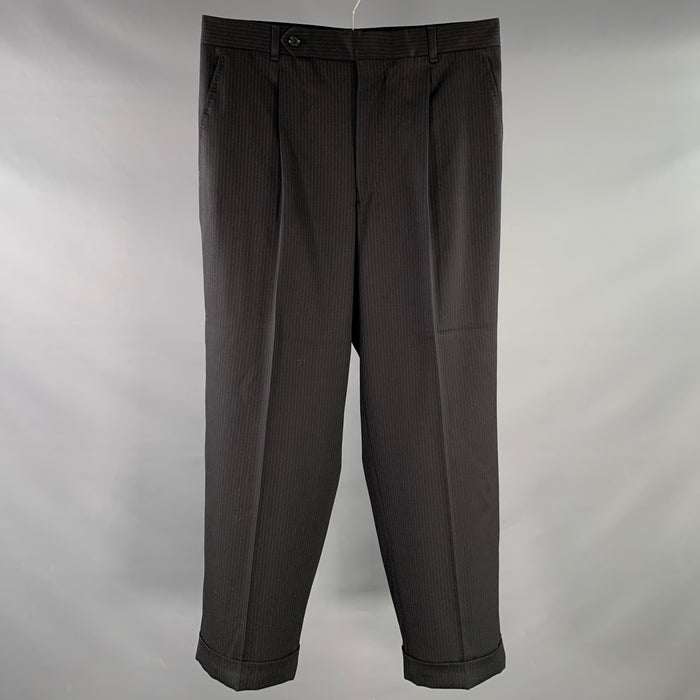 DOLCE & GABBANA Size 32 Black Navy Grey Wool Blend Stripe Cuffed Pleated Dress Pants