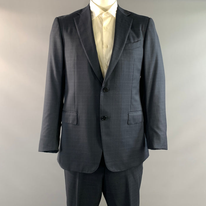ERMENEGILDO ZEGNA Chest Size 42 Navy Purple Window Pane Wool Notch Lapel 34 Suit