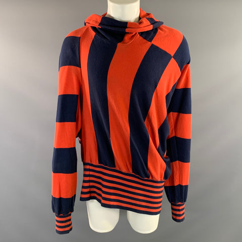 BERNHARD WILLHELM Size M Red Navy Stripe Cotton Hoodie Sweatshirt