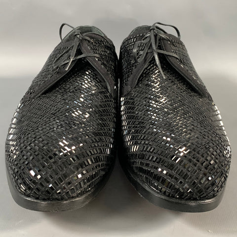 SALVATORE FERRAGAMO Size 10.5 Black Sequined Leather Lace Up Shoes