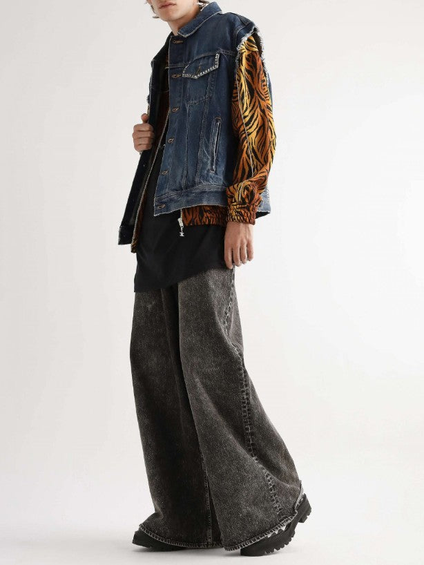 CELINE SS22 Size 32 Elephant Hedi Slimane Grey Cotton Wide Leg Raw Edge Jeans