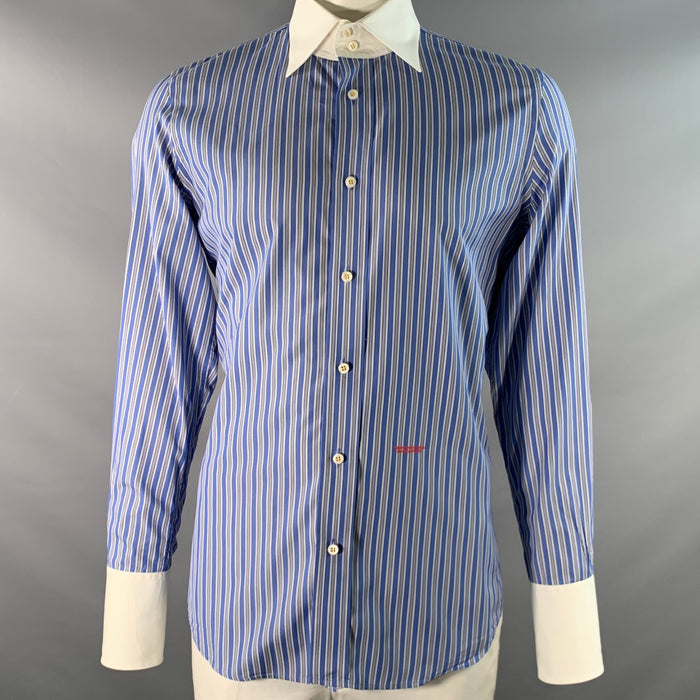 DSQUARED2 Size L White Blue Stripe Cotton Long Sleeve Shirt