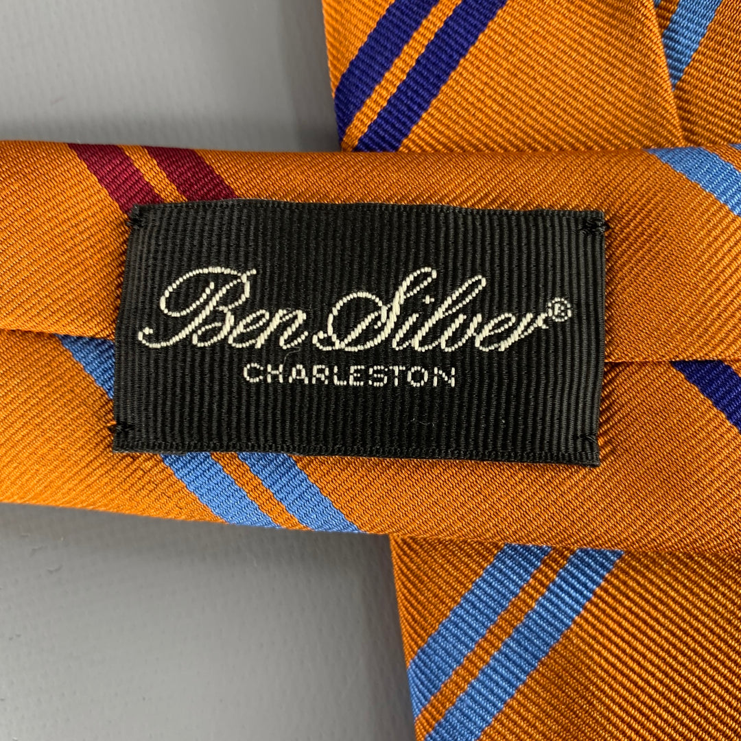 BEN SILVER Orange Blue Red Diagonal Stripe Twill Tie
