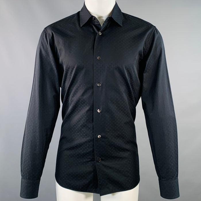 SALVATORE FERRAGAMO Size M Navy Logo Cotton Jacquard Long Sleeve Shirt