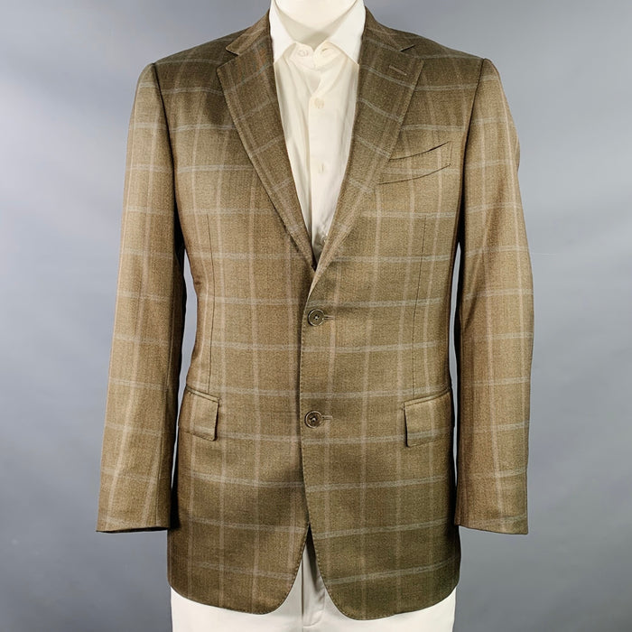 ERMENEGILDO ZEGNA Size 42 Brown Olive Window Pane Silk Wool Notch Lapel Sport Coat