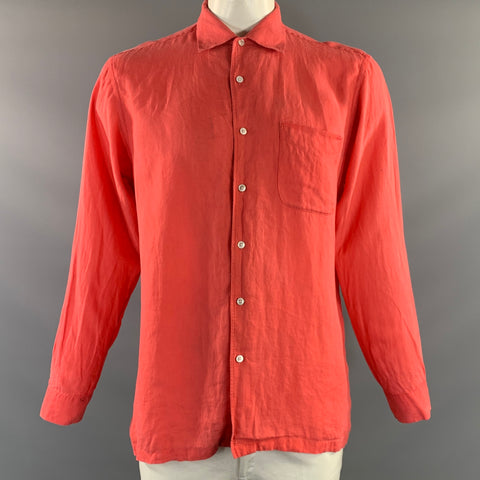 RALPH LAUREN PURPLE LABEL Size L Orange Coral Linen Button Up Long Sleeve Shirt