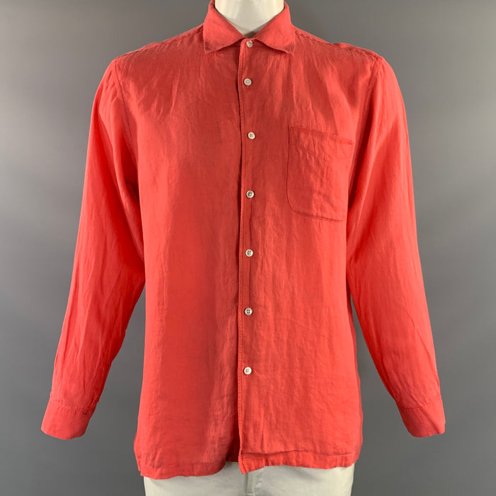 RALPH LAUREN PURPLE LABEL Size L Orange Coral Linen Button Up Long Sleeve Shirt